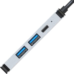 A silver USB hub featuring two blue USB ports and one Type-C port, with a cable attached.