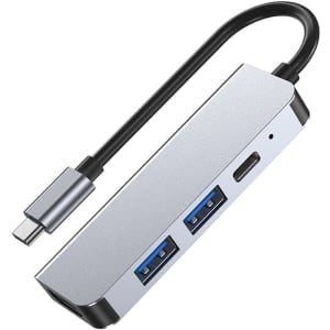 A silver USB Type-C hub with two USB 3.0 ports and a connected cable. It features a sleek design and branding.