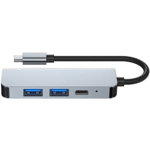 A silver USB hub with two blue USB ports and a Type-C connector, featuring a flexible black cable.