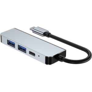 A silver USB hub with two blue USB-A ports and one USB-C connector, featuring a flexible black cable.