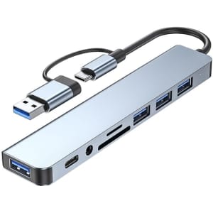 A silver USB hub featuring dual input, Type-C and Type-A ports, with multiple USB connections and an SD card slot.