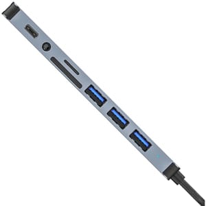 A grey USB hub featuring dual inputs, multiple Type-A ports, and a Type-C connection, with a sleek design.
