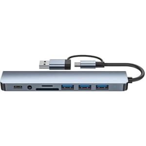 A silver USB hub with dual input options, featuring Type-C and Type-A connectors, multiple USB ports, and a card slot.