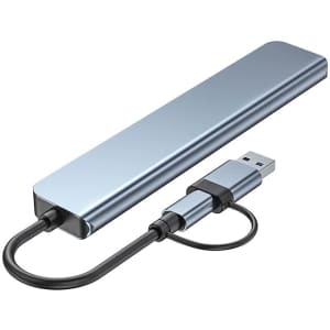 A silver USB hub with a Type-C and Type-A connector. It has a sleek, rectangular design.