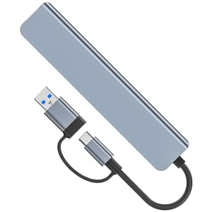 A silver USB hub with dual inputs, including Type-C and Type-A connectors, featuring a compact design.
