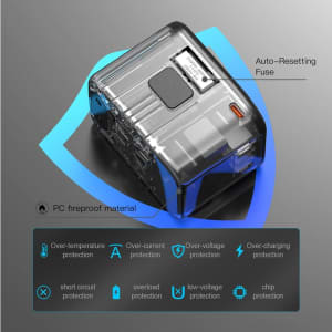 A transparent travel adaptor featuring protective features, with a fireproof PC material and a logo.