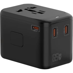 A black 65W GaN PD and QC travel adaptor with multiple ports, including USB-C and a standard plug socket.