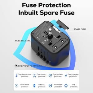 A travel adaptor in black with multiple ports, featuring a fuse protection system and a spare fuse compartment.