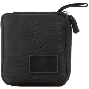 A compact black eco accessory pouch with a zip closure and a small logo patch on the front.