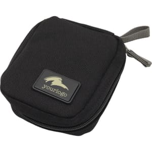 A black eco accessory pouch with a zip closure and a grey carry handle, featuring a logo.