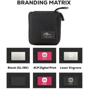 A black eco accessory pouch with a zip closure, featuring a logo and various branding options displayed below.