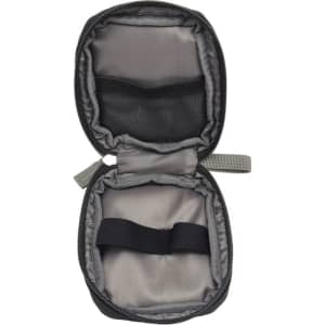 A grey eco-friendly accessory pouch with a zip closure, featuring mesh and strap sections inside.
