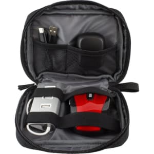 A black accessory pouch containing a red mouse, USB cables, and a power adapter, featuring inner mesh pockets.