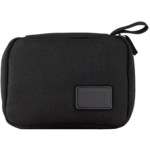 A black eco accessory pouch with a zip closure and a small branding patch. Suitable for toiletries and accessories.