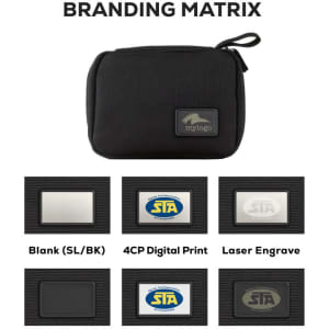 A black eco accessory pouch with a branding area, featuring a zip closure and a logo patch.