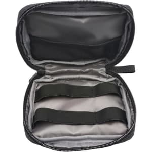 A black eco accessory pouch with a zippered opening, featuring elastic straps inside for organisation.