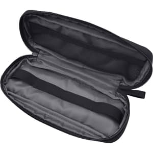 A black eco accessory pouch with a zippered closure and grey interior, featuring elastic straps and mesh pockets.