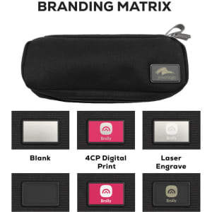 A black eco accessory pouch featuring a branding area and a zip closure. Suitable for toiletries and small items.