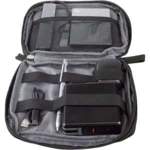 An XL eco accessory pouch in grey, featuring compartments for a power bank, cables, and a pen. Includes a logo.