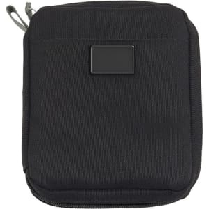 A black eco accessory pouch with a zipper and a small logo on the front. Suitable for toiletries and accessories.
