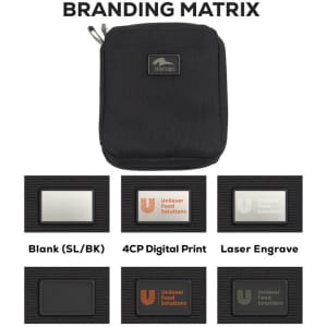 A black eco accessory pouch with a zipper, featuring a branded logo and various branding surface options.