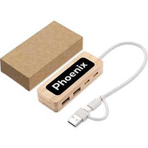 A bamboo USB hub in a box, featuring multiple ports and a cable, with a logo on the top.