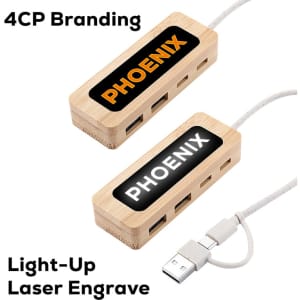 A bamboo USB hub featuring multiple ports, with a light-up design and branding, connected by a cable.