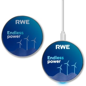 A round wireless charger in blue and white, featuring a logo and wind turbine graphics.