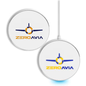 A round, white wireless charger featuring a logo, with a light-up base in a sleek design.