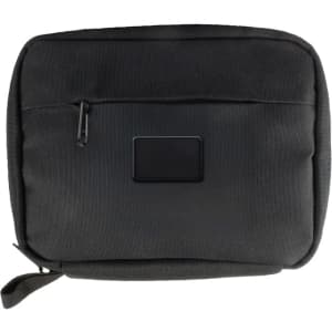 A black eco accessory pouch with a zippered closure and a front pocket featuring a logo.