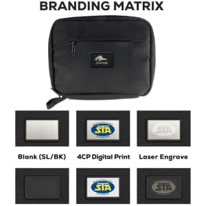 A black accessory pouch featuring a logo, with options for branding on a variety of surfaces.
