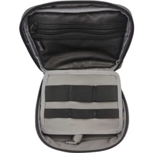An open grey accessory pouch featuring mesh pockets and elastic straps for organisation. It has a zipper closure and a simple design.