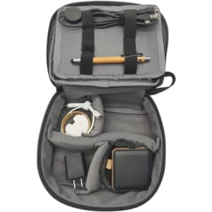 A grey eco accessory pouch filled with cables, a pen, a charger, and a small black device. It has a zipper closure.