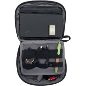 An eco accessory pouch in grey, featuring a central pocket, elastic straps, and various storage spaces for cables and items.