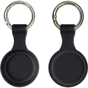 A silicone Airtag case in black with a keyring attached, featuring a smooth, round design.