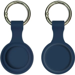 A navy blue silicone Airtag case featuring a keyring, with a simple, sleek design.