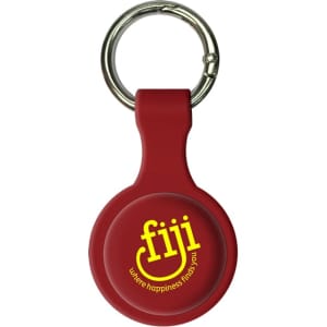 A red silicone Airtag case with a keychain attachment and a logo on the front.