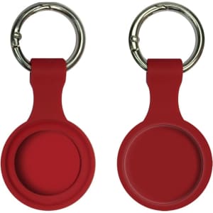 A red silicone Airtag case featuring a keyring attachment, displaying both front and back views.