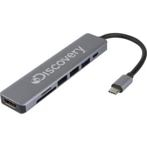A grey Type-C hub featuring multiple ports including Type-C, Type-A, HDMI, and an SD card slot. It has a logo.