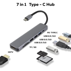 A grey 7-in-1 Type-C hub featuring various ports including HDMI, USB Type-C, USB 2.0/3.0, and a card reader.
