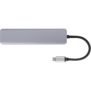 A grey Type-C hub with multiple ports, including Type-C, Type-A, HDMI, and a cable connector.