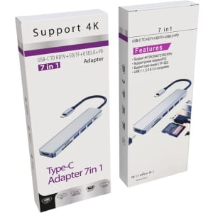A Type-C adapter in a box, featuring multiple ports including HDMI and USB, displayed in a white package with branding.
