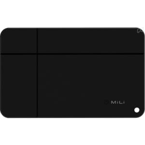 A black tracking tag with a sleek design, featuring a logo and a hole for attachment.