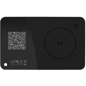 A black tracking tag with a circular design and QR code, featuring an embedded NFC logo and a branding logo.