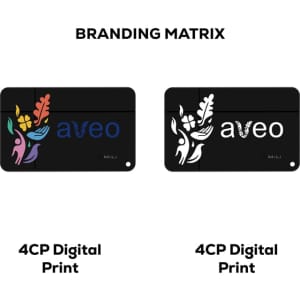 Two black card-like items with colourful floral designs, featuring the text "aveo" in different styles. Each has a branding logo.