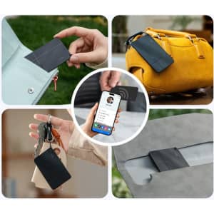 A black tracking tag is displayed in various settings, including a wallet, handbag, and near a smartphone and keys.