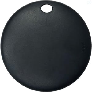 A round black tracking tag with a hole for attachment, featuring a smooth matte finish.