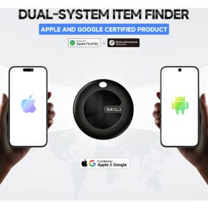 A black tracking tag is held between two smartphones, one displaying an Apple logo and the other an Android logo.