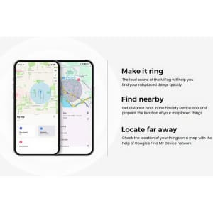 A promotional image featuring two smartphone screens displaying a tracking app with maps and location markers, with logos present.