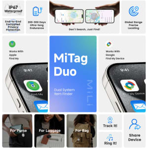 A blue tracking tag with a sleek design and a logo, surrounded by icons indicating features and uses for various items.